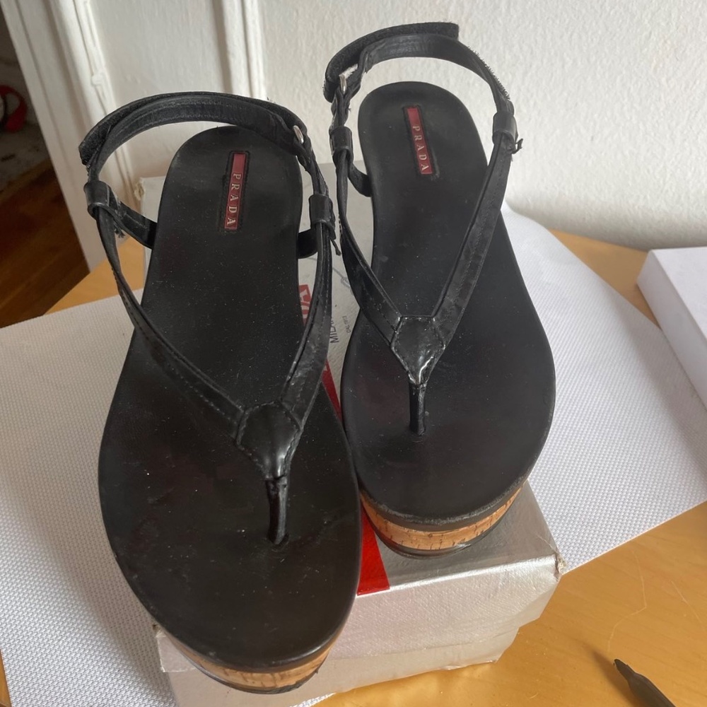 Prada black patent leather cork wedge sandals size 39